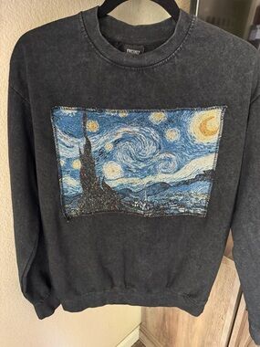 Freshly Painted Men’s Black Crewneck Sweater with Starry Night Patch